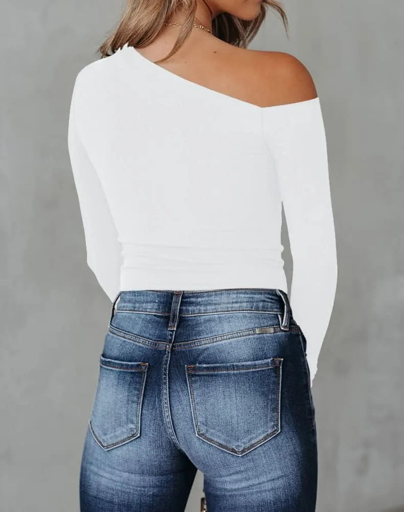 BONITEE Women's Sexy One Off The Shoulder Tops Asymmetrical Neck Clothes Long Sleeve Shirt Slim Going Out Top