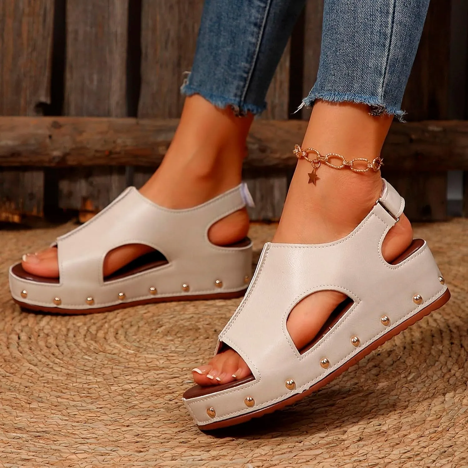 Brown Leather Sandals For Women Dressy Cruise Shoes With Ankle Straps Fashion Slide On Shoes Women Heeled Sandals