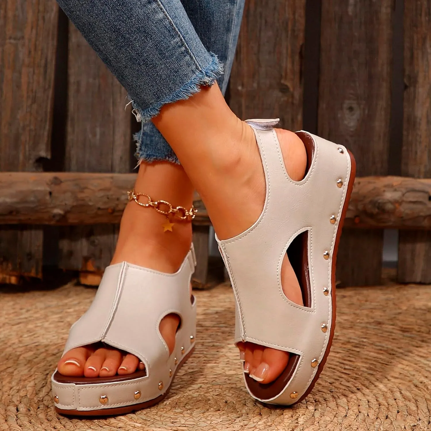 Brown Leather Sandals For Women Dressy Cruise Shoes With Ankle Straps Fashion Slide On Shoes Women Heeled Sandals
