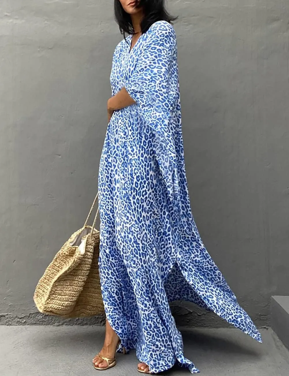 Bsubseach Cheetah Plus Size Kaftan Dresses For Women Maxi Swimsuit Coverup Bathing Suit Caftans Long Cover Up Rayon Swimwear