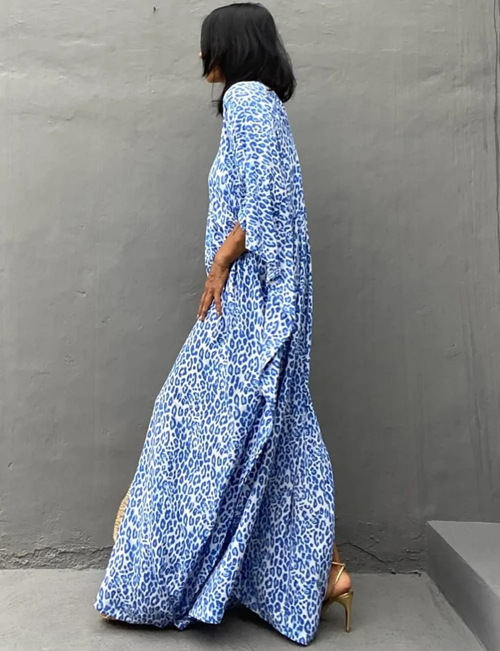Bsubseach Cheetah Plus Size Kaftan Dresses For Women Maxi Swimsuit Coverup Bathing Suit Caftans Long Cover Up Rayon Swimwear