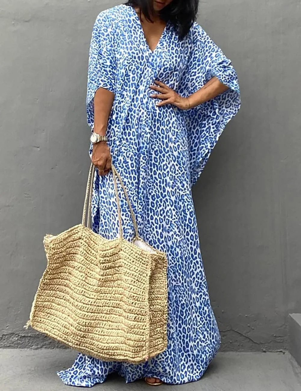 Bsubseach Cheetah Plus Size Kaftan Dresses For Women Maxi Swimsuit Coverup Bathing Suit Caftans Long Cover Up Rayon Swimwear