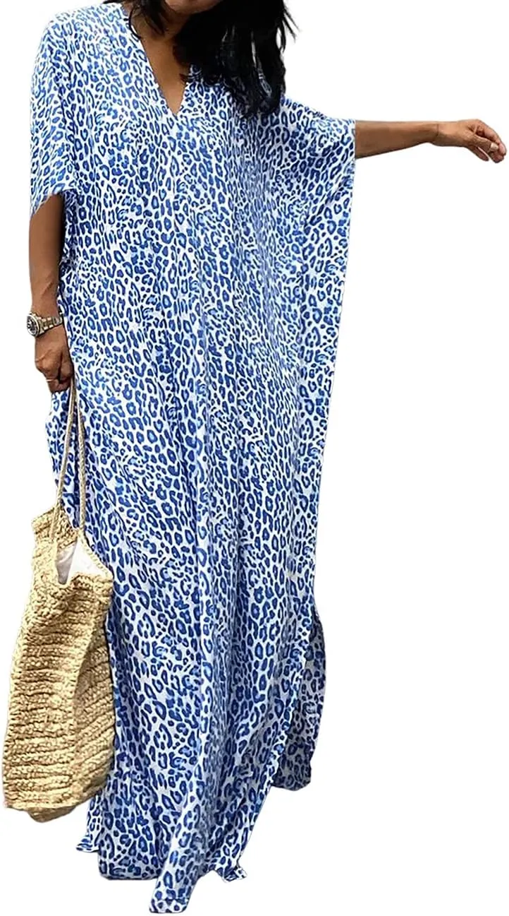 Bsubseach Cheetah Plus Size Kaftan Dresses For Women Maxi Swimsuit Coverup Bathing Suit Caftans Long Cover Up Rayon Swimwear