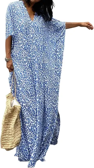 Bsubseach Cheetah Plus Size Kaftan Dresses For Women Maxi Swimsuit Coverup Bathing Suit Caftans Long Cover Up Rayon Swimwear