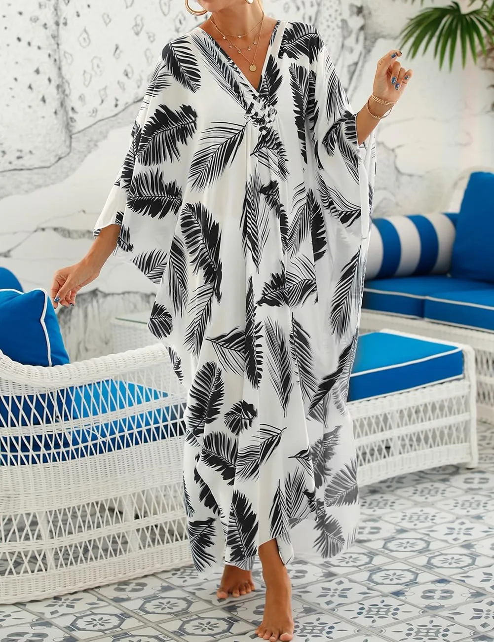 Bsubseach Plus Size Kaftan Dresses for Women Long Beach Cover Up V Neck Boho Summer Caftan Dress Loungewear