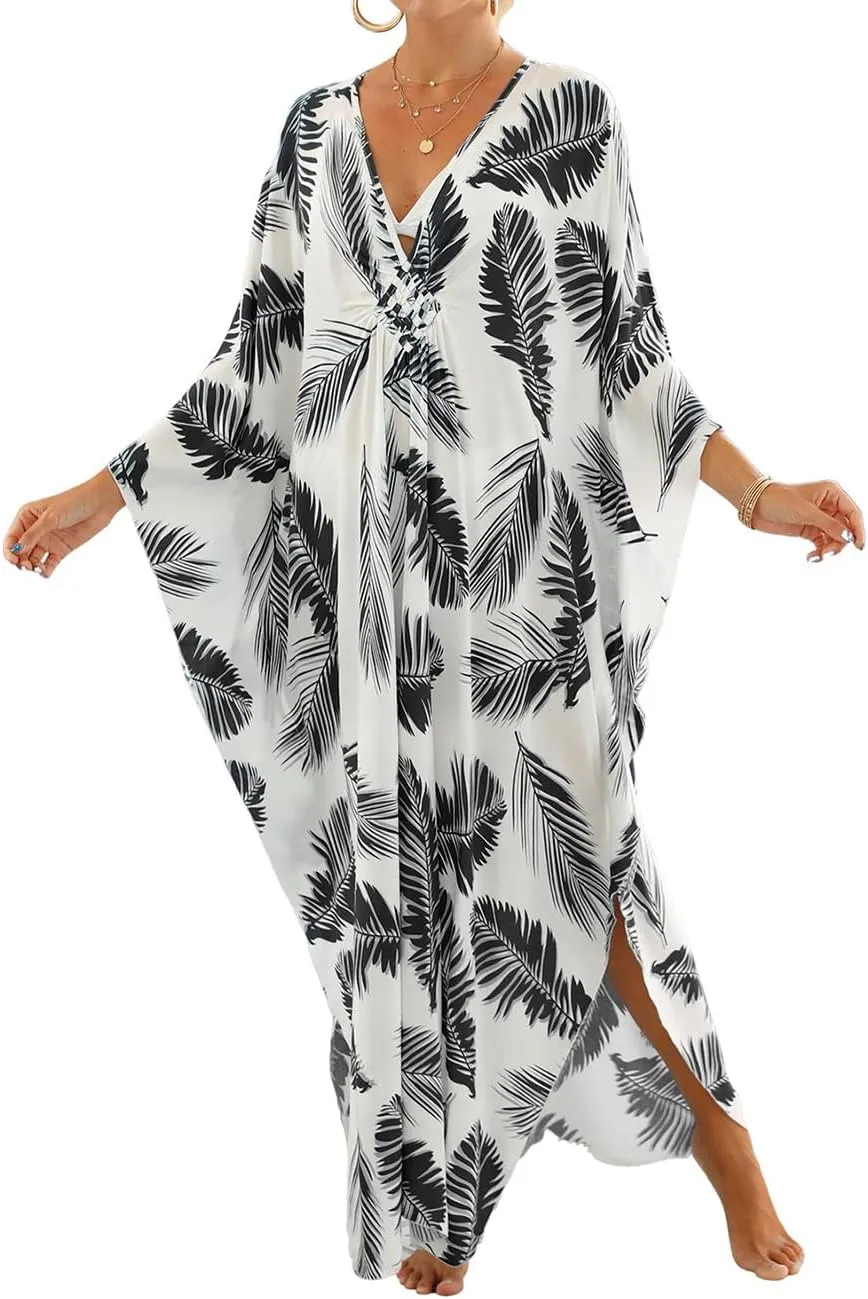 Bsubseach Plus Size Kaftan Dresses for Women Long Beach Cover Up V Neck Boho Summer Caftan Dress Loungewear