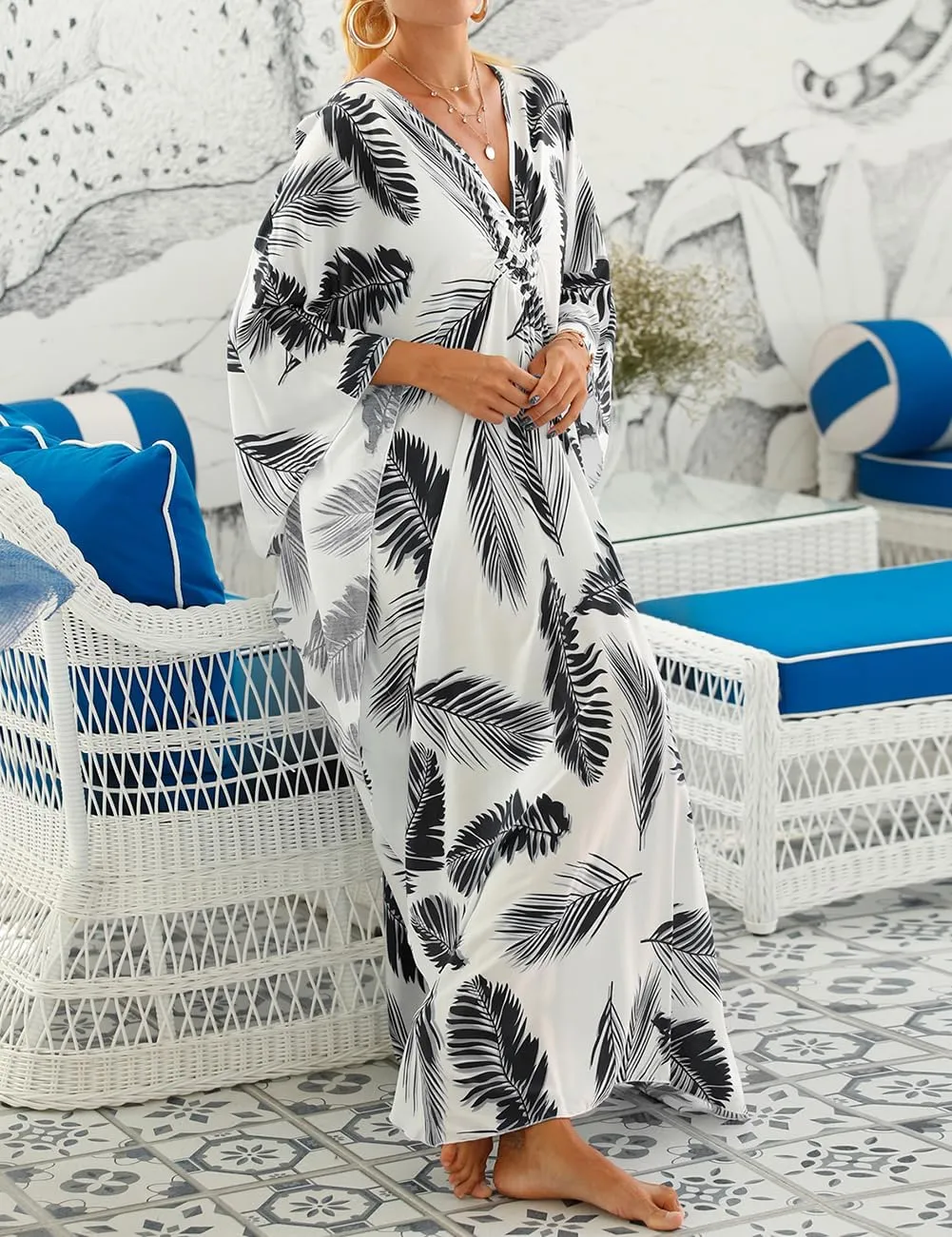Bsubseach Plus Size Kaftan Dresses for Women Long Beach Cover Up V Neck Boho Summer Caftan Dress Loungewear