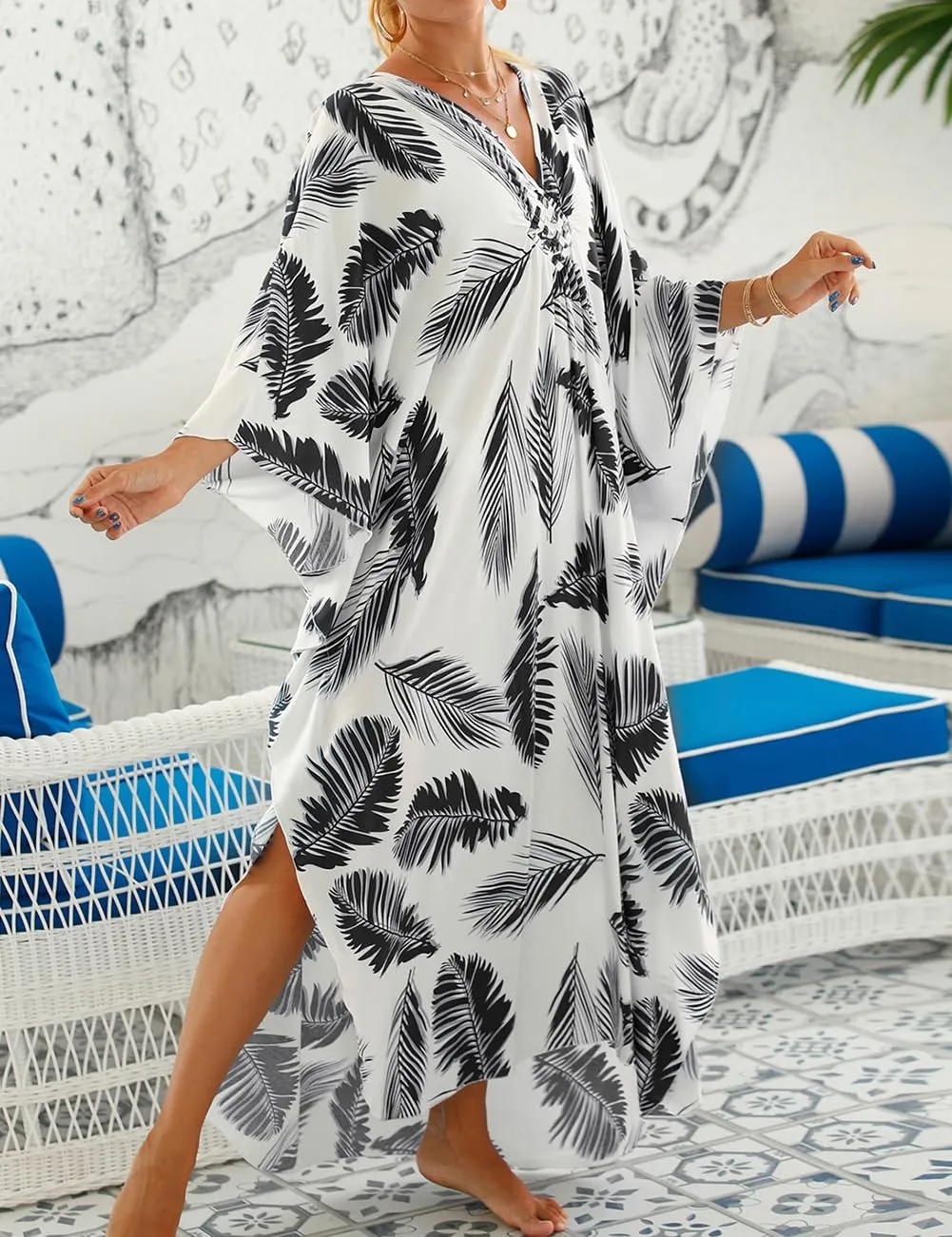 Bsubseach Plus Size Kaftan Dresses for Women Long Beach Cover Up V Neck Boho Summer Caftan Dress Loungewear