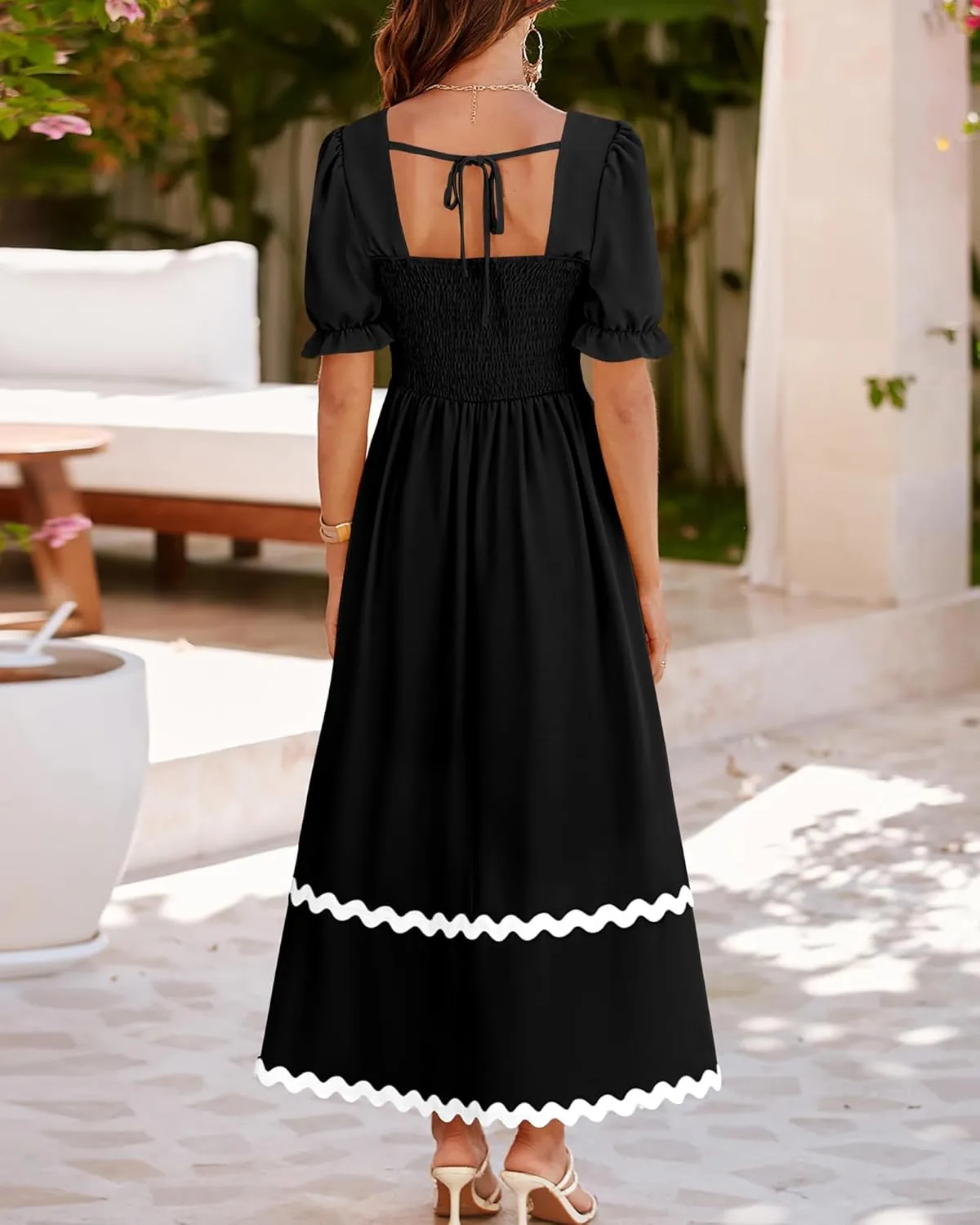 BTFBM Women 2025 Summer Square Neck Short Puff Sleeve Dress Casual RIic Rac Tie Back Smocked Wedding Guest Maxi Dresses