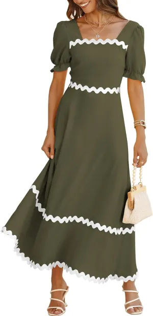 BTFBM Women 2025 Summer Square Neck Short Puff Sleeve Dress Casual RIic Rac Tie Back Smocked Wedding Guest Maxi Dresses