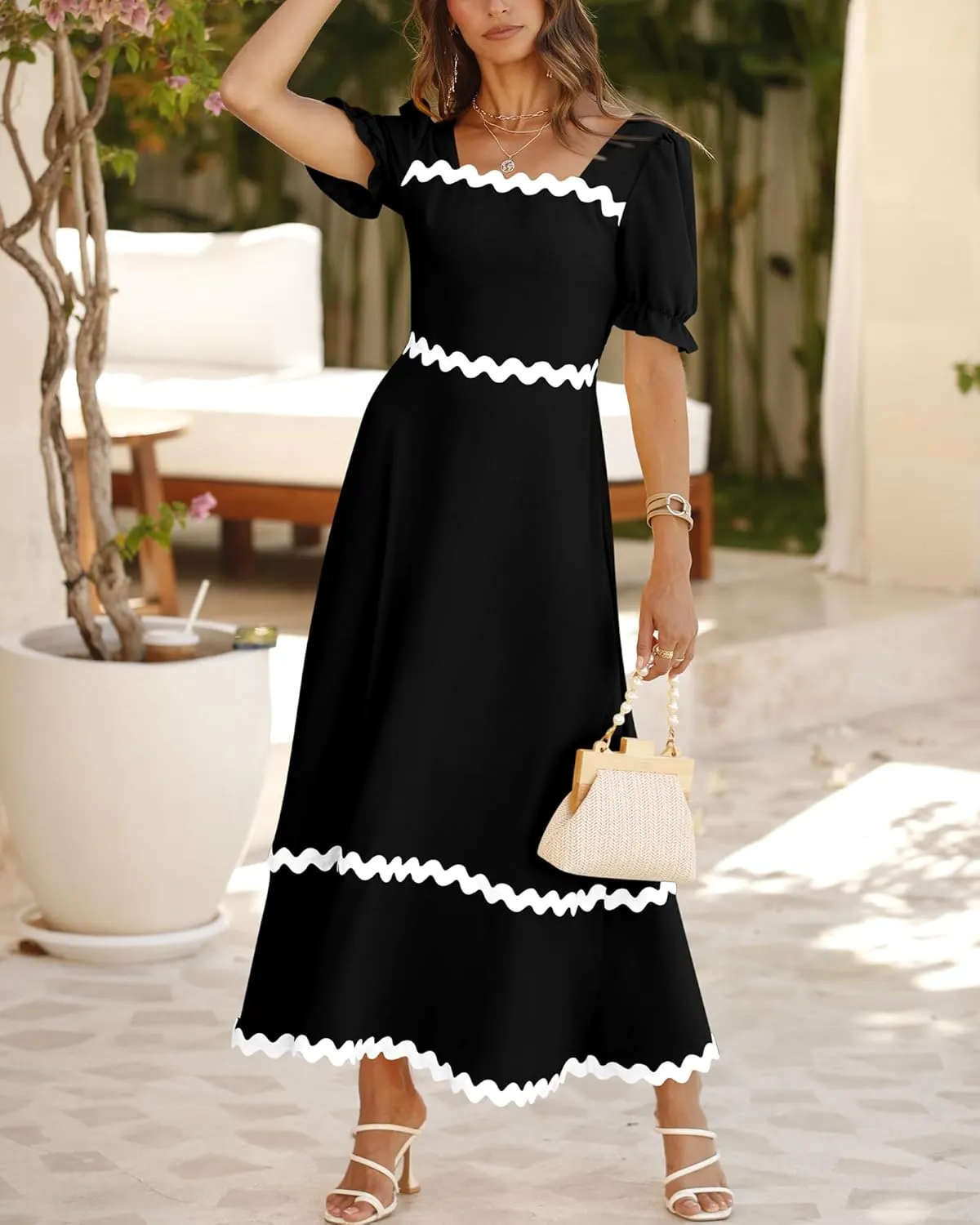 BTFBM Women 2025 Summer Square Neck Short Puff Sleeve Dress Casual RIic Rac Tie Back Smocked Wedding Guest Maxi Dresses