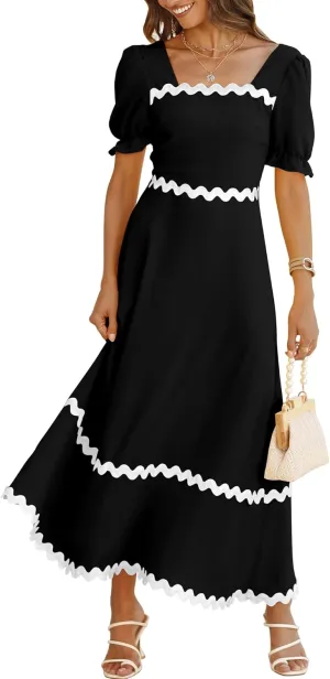BTFBM Women 2025 Summer Square Neck Short Puff Sleeve Dress Casual RIic Rac Tie Back Smocked Wedding Guest Maxi Dresses