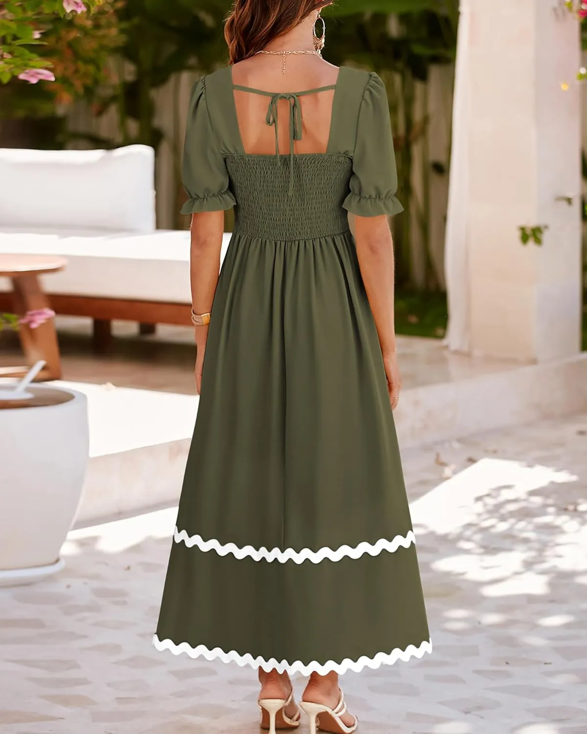 BTFBM Women 2025 Summer Square Neck Short Puff Sleeve Dress Casual RIic Rac Tie Back Smocked Wedding Guest Maxi Dresses