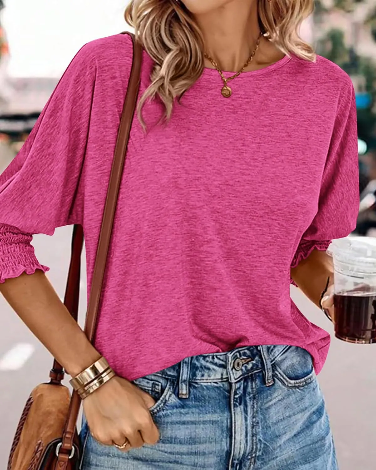 BTFBM Womens Casual 3/4 Sleeve Tops Dressy Spring Summer T Shirts 2025 Crewneck Loose Tunic Vacation Blouses