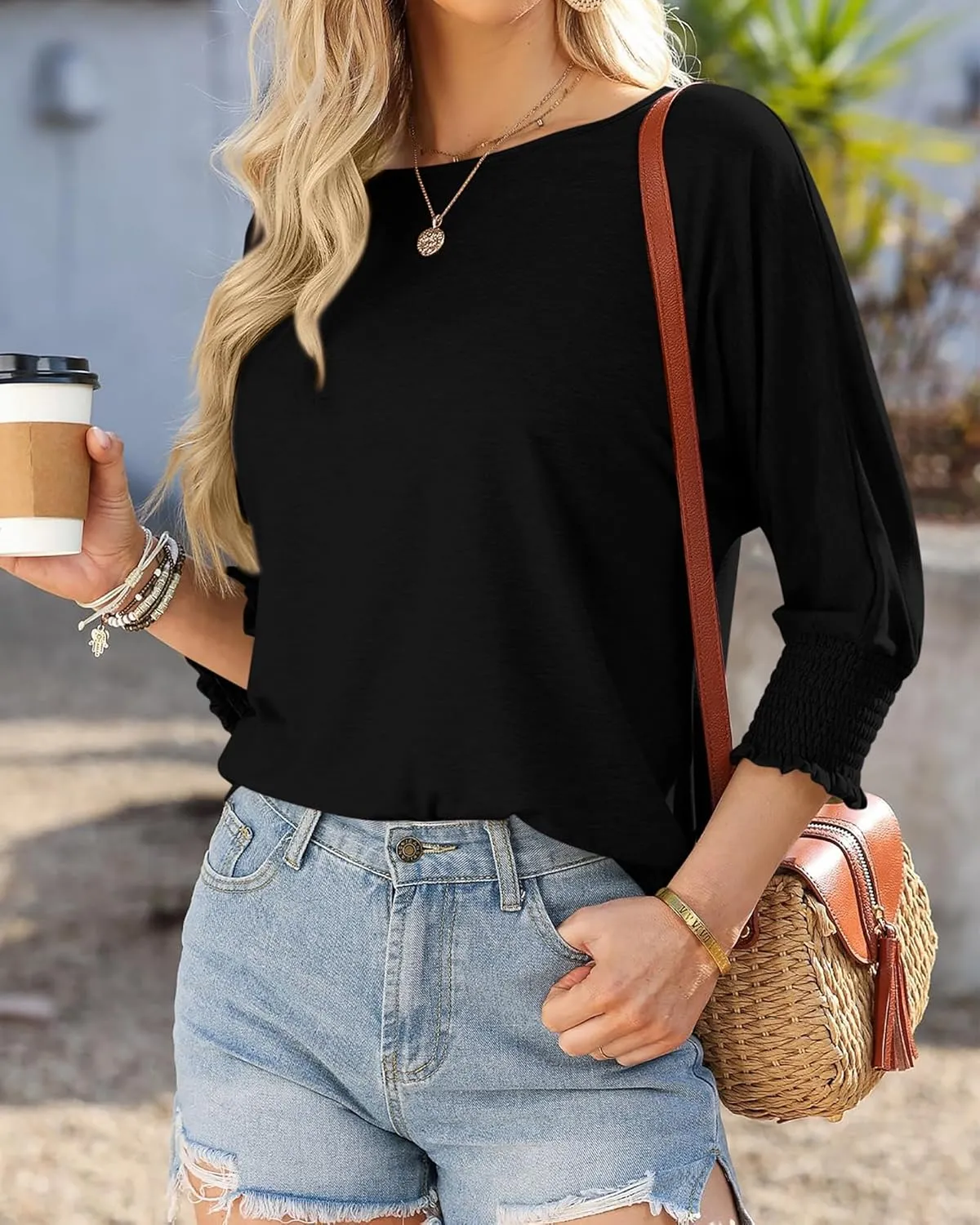 BTFBM Womens Casual 3/4 Sleeve Tops Dressy Spring Summer T Shirts 2025 Crewneck Loose Tunic Vacation Blouses