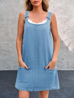 BZB Women's Sleeveless Casual Denim Dress Crewneck Vintage Loose Jean Overall Dress with Pockets