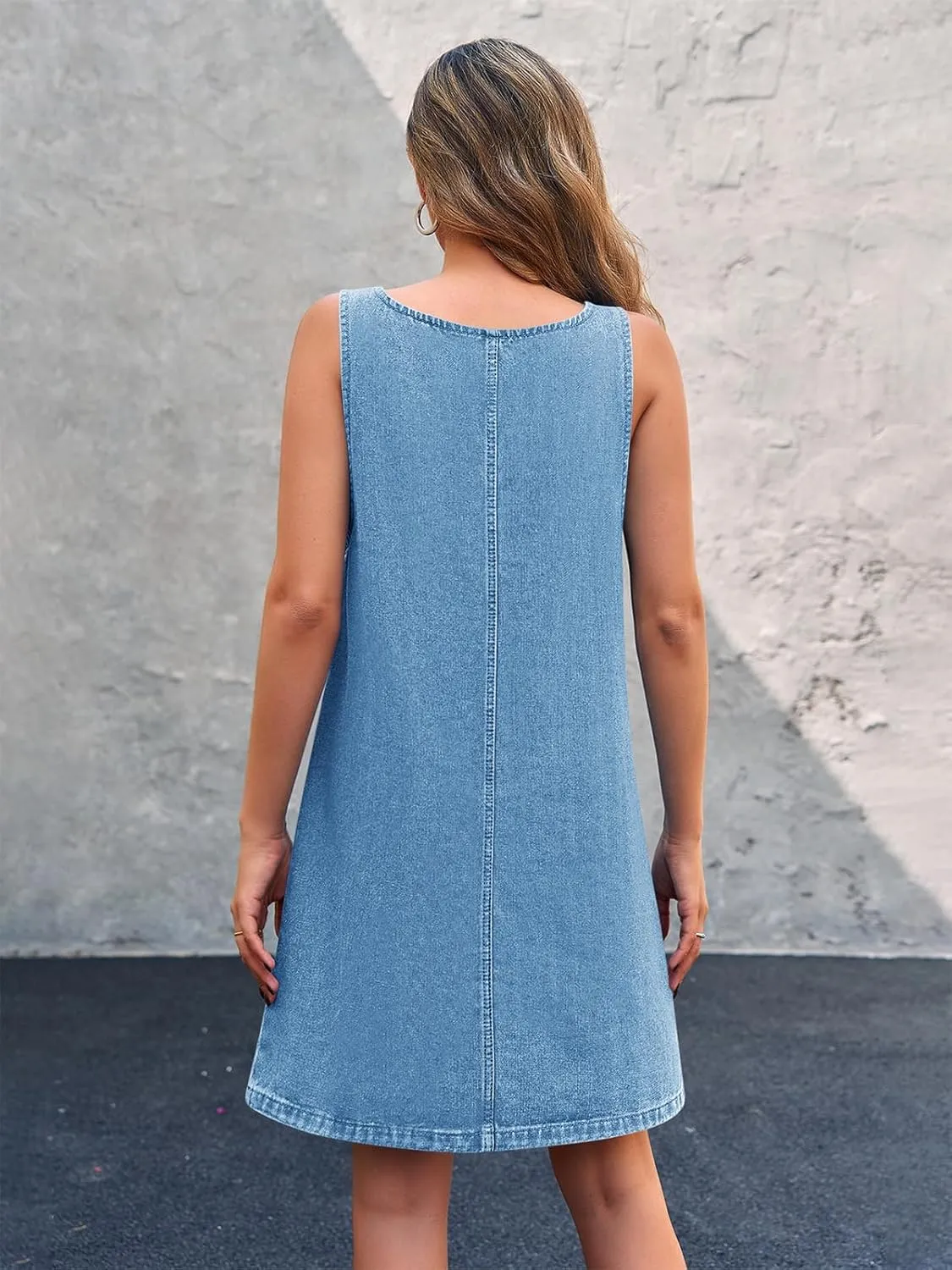 BZB Women's Sleeveless Casual Denim Dress Crewneck Vintage Loose Jean Overall Dress with Pockets