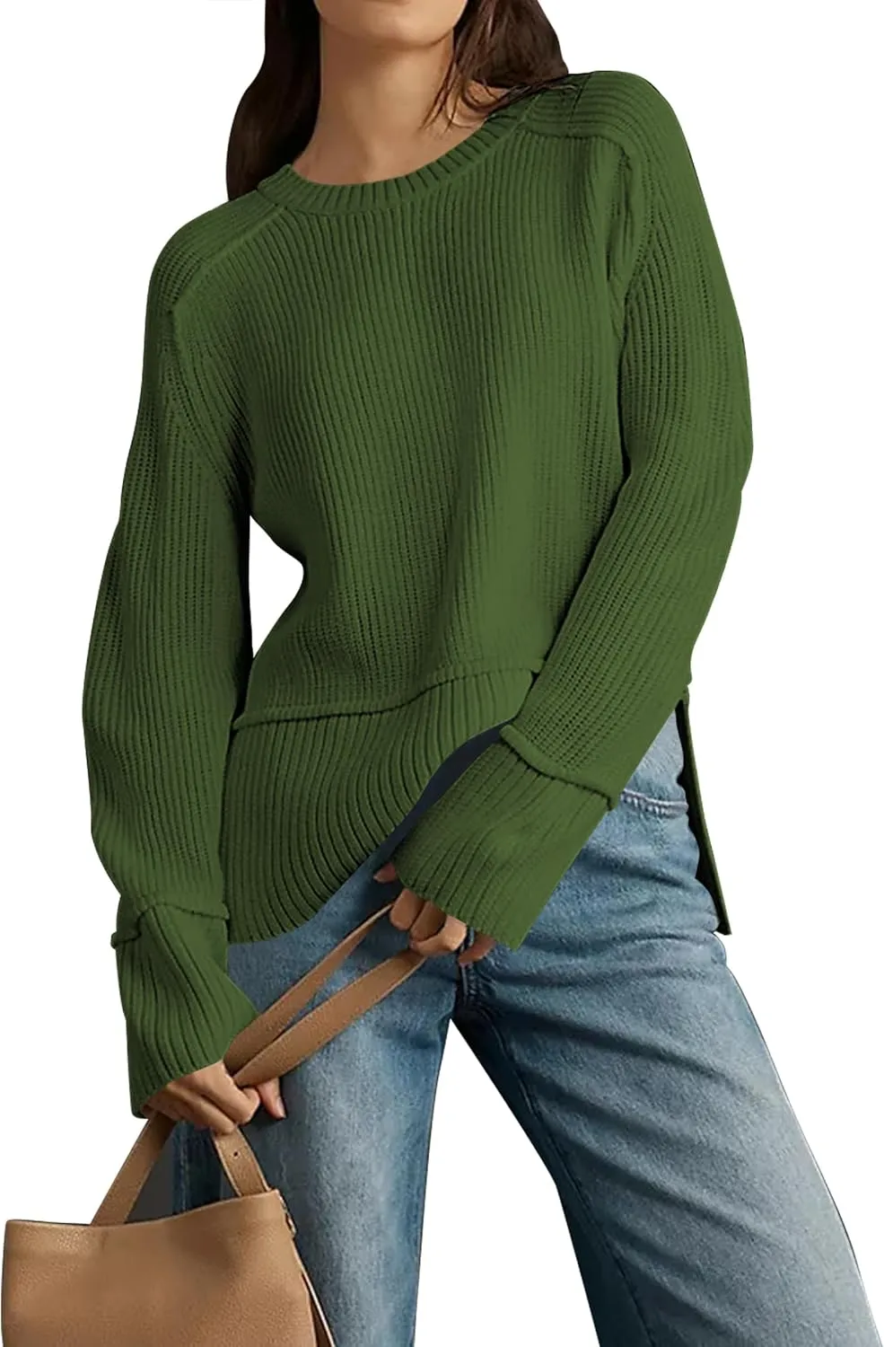 Cakulo Womens Fall 2025 Knit Crew Neck Pullover Sweaters Oversized Long Sleeve Split Casual Winter Ribbed Sweater