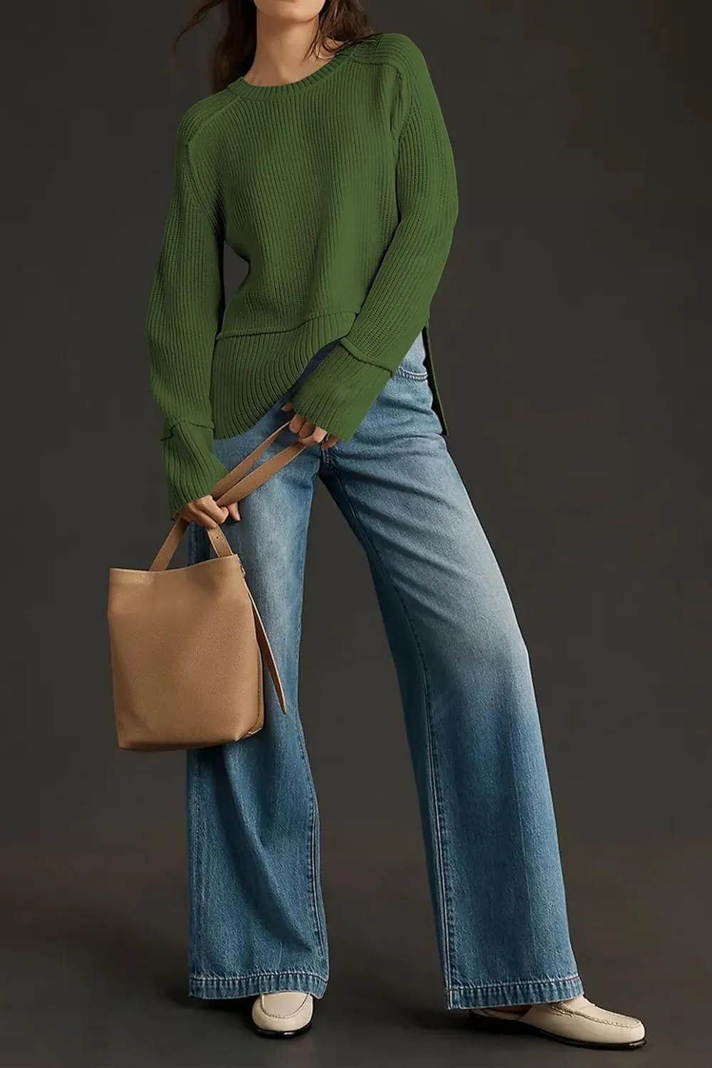 Cakulo Womens Fall 2025 Knit Crew Neck Pullover Sweaters Oversized Long Sleeve Split Casual Winter Ribbed Sweater