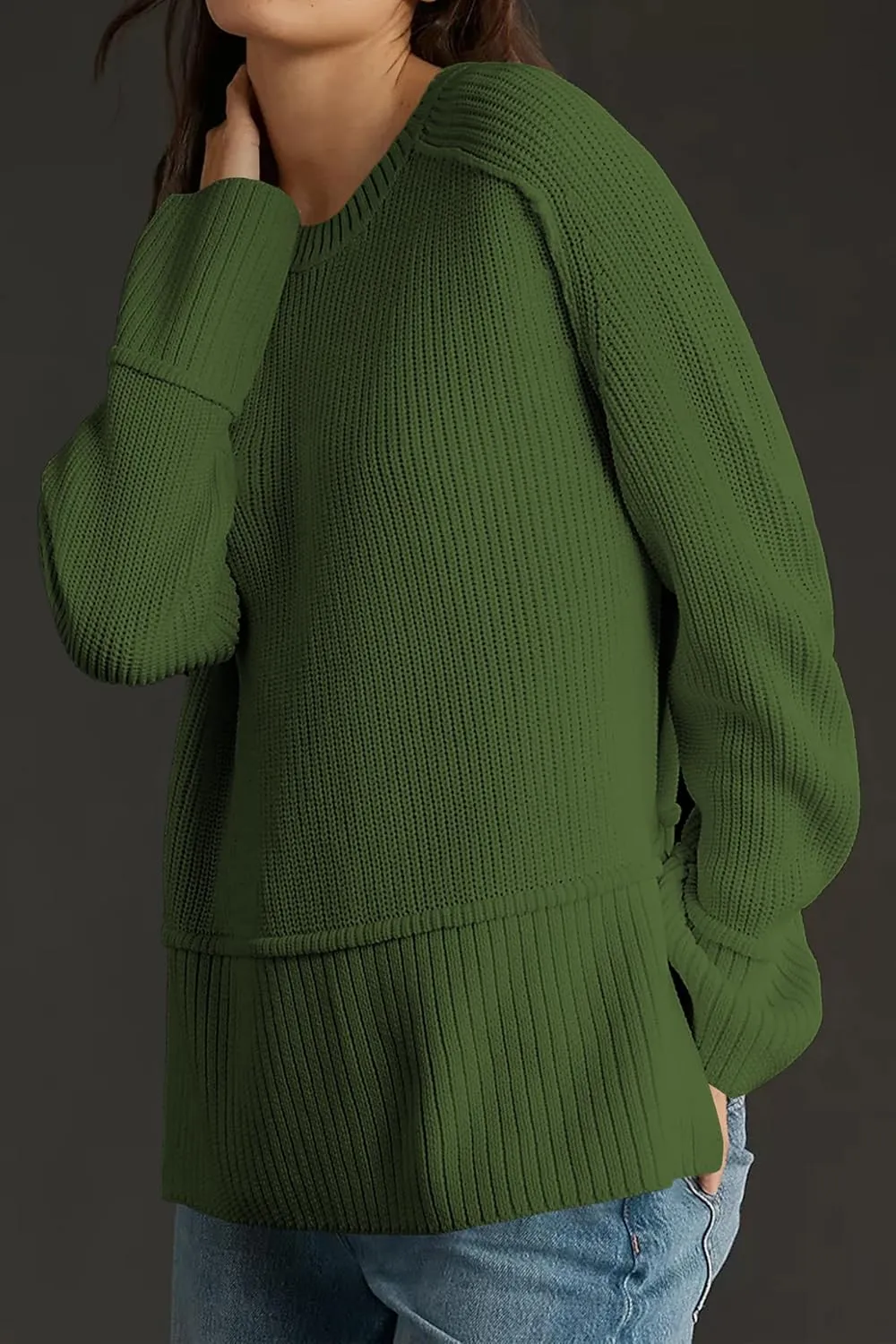 Cakulo Womens Fall 2025 Knit Crew Neck Pullover Sweaters Oversized Long Sleeve Split Casual Winter Ribbed Sweater