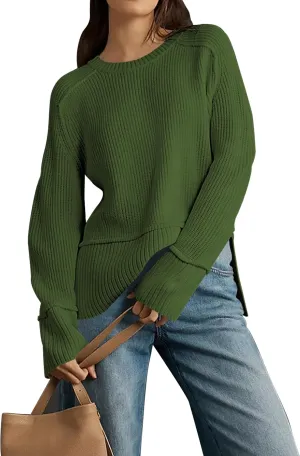 Cakulo Womens Fall 2025 Knit Crew Neck Pullover Sweaters Oversized Long Sleeve Split Casual Winter Ribbed Sweater