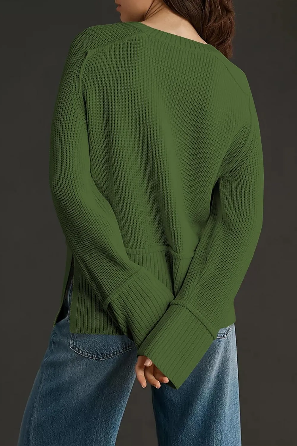 Cakulo Womens Fall 2025 Knit Crew Neck Pullover Sweaters Oversized Long Sleeve Split Casual Winter Ribbed Sweater