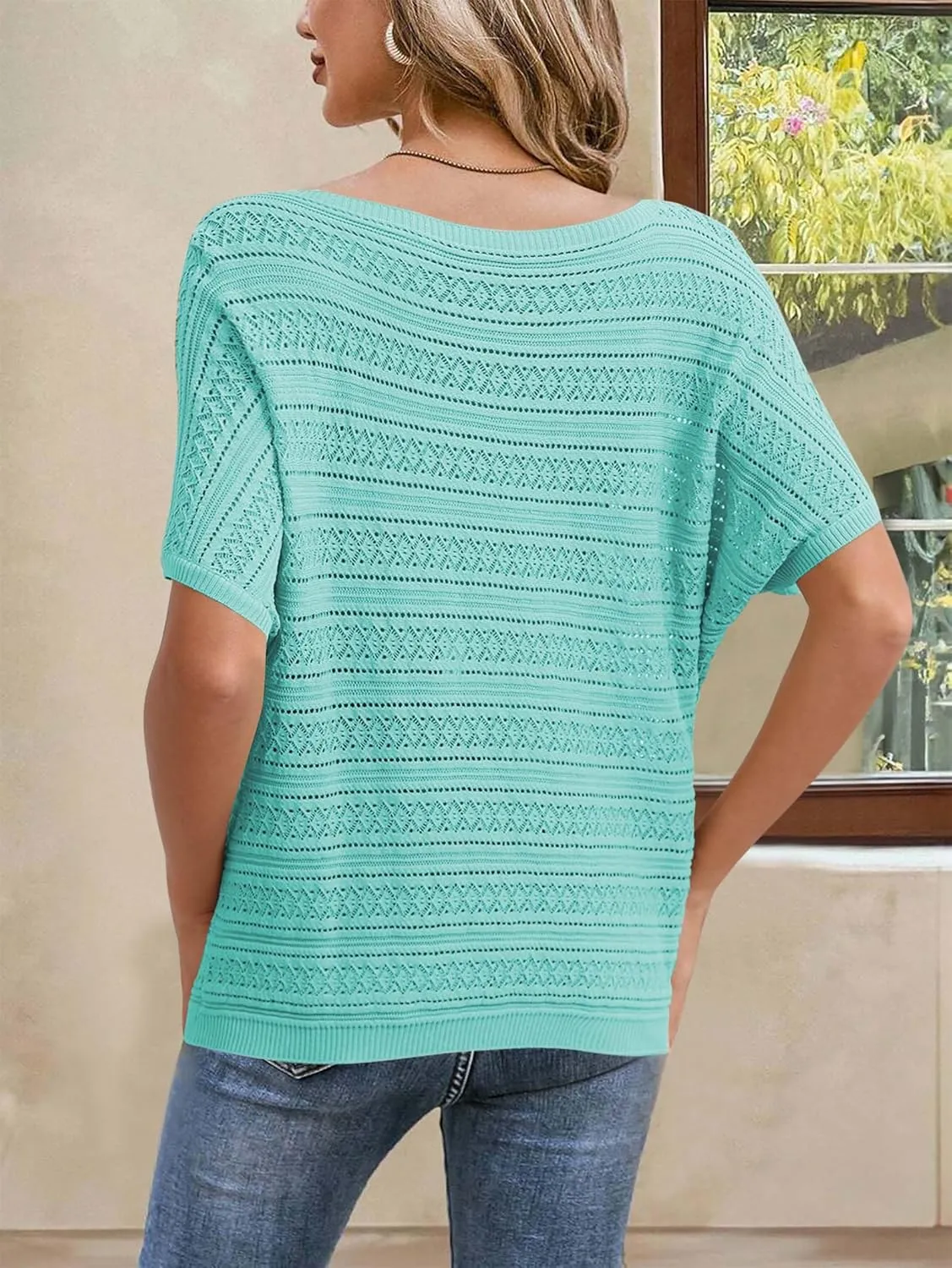 Cakulo Womens Summer Crochet Tops Hollow Out Off The Shoulder Short Sleeve Batwing Knit Spring Sweater Top 2025