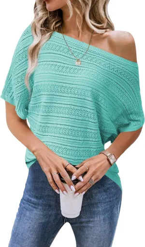 Cakulo Womens Summer Crochet Tops Hollow Out Off The Shoulder Short Sleeve Batwing Knit Spring Sweater Top 2025