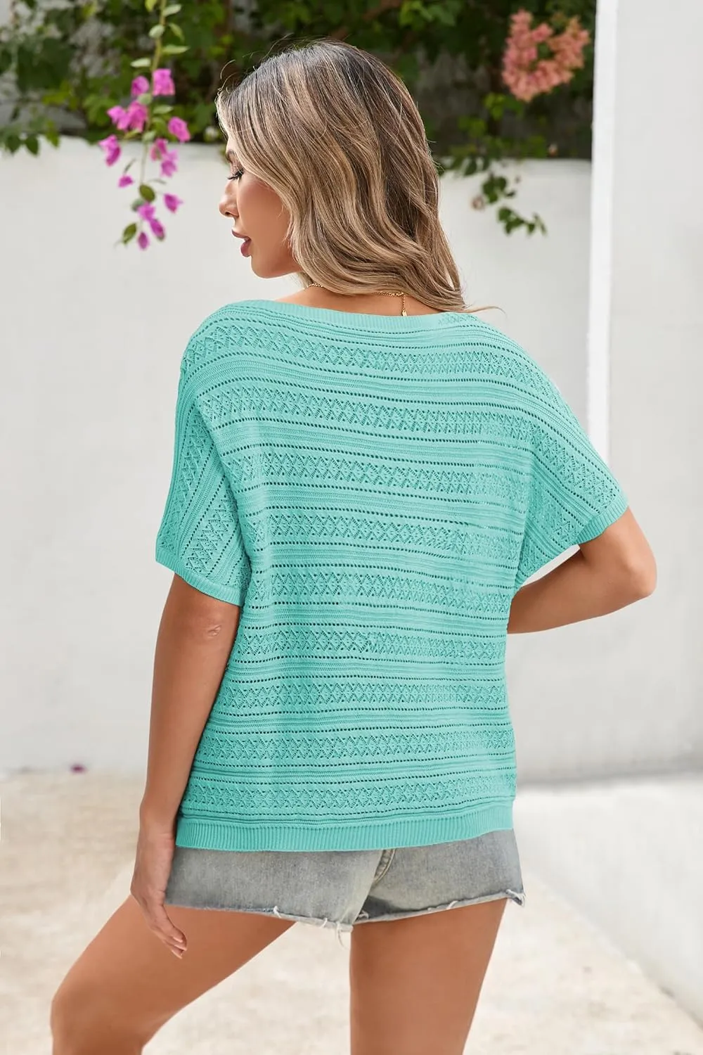 Cakulo Womens Summer Crochet Tops Hollow Out Off The Shoulder Short Sleeve Batwing Knit Spring Sweater Top 2025