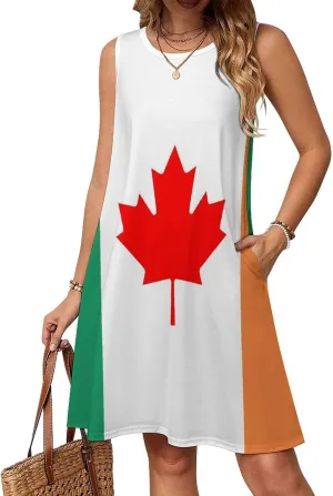 Canadian Irish Flag Women's Summer Dress Sleeveless Casual Loose Beach Vacation Tank Sundress