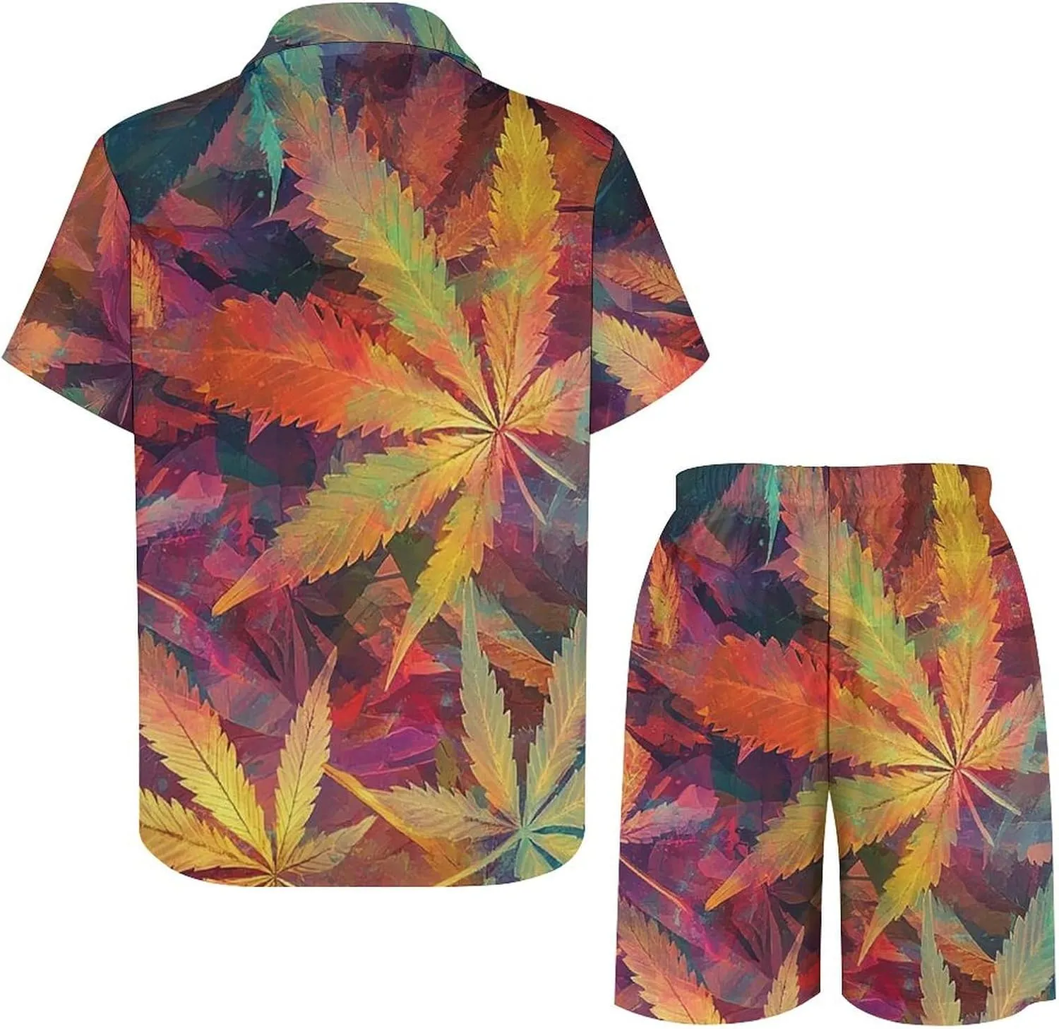 Cannabis Leaf PatternMen's Two-piece Casual Short-sleeved Shirt Summer Loose Vacation Suit