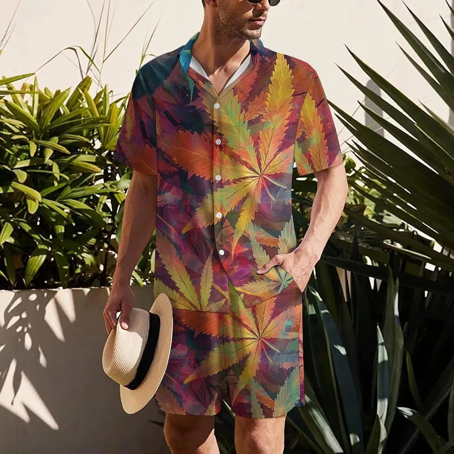 Cannabis Leaf PatternMen's Two-piece Casual Short-sleeved Shirt Summer Loose Vacation Suit