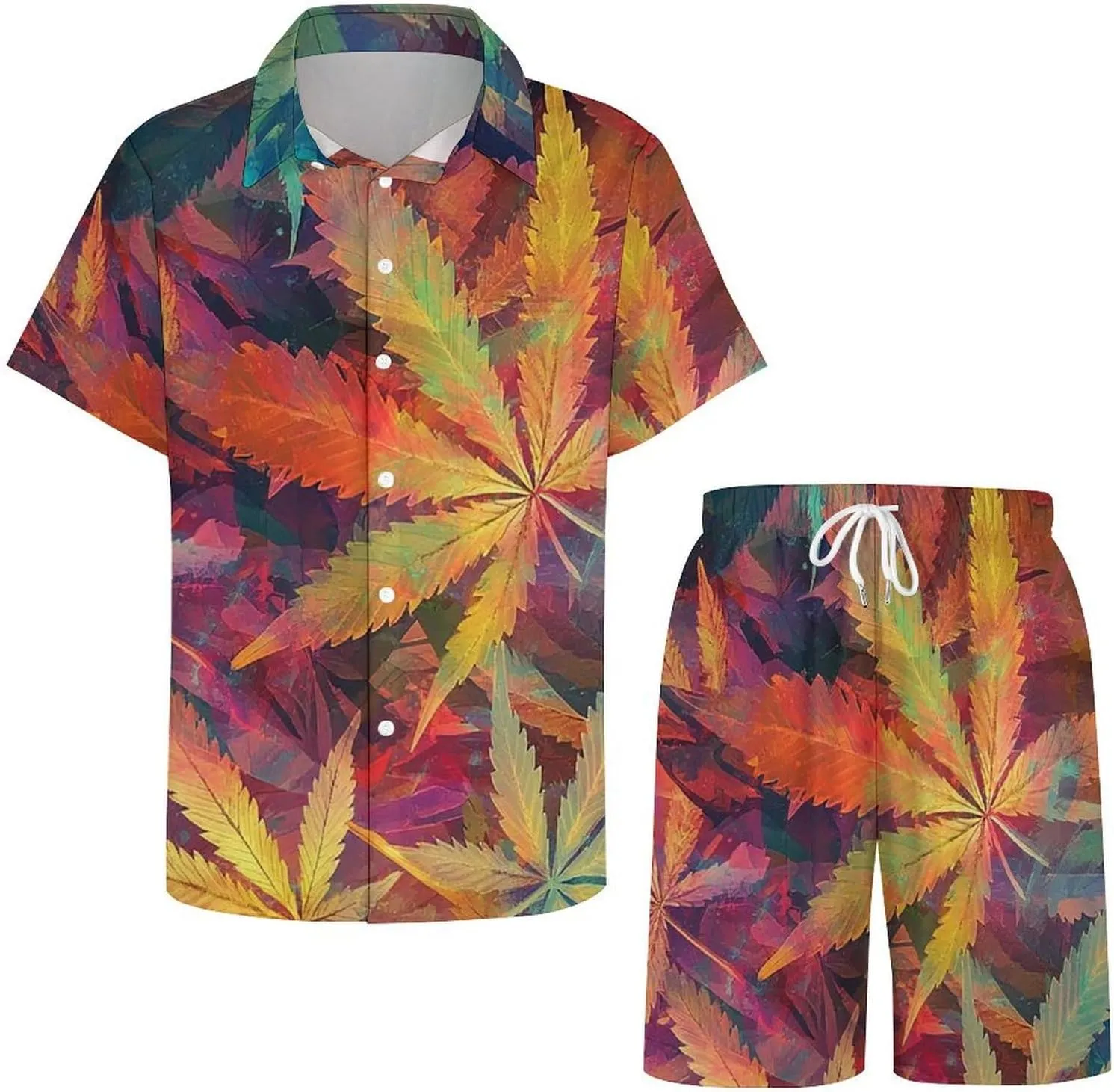 Cannabis Leaf PatternMen's Two-piece Casual Short-sleeved Shirt Summer Loose Vacation Suit