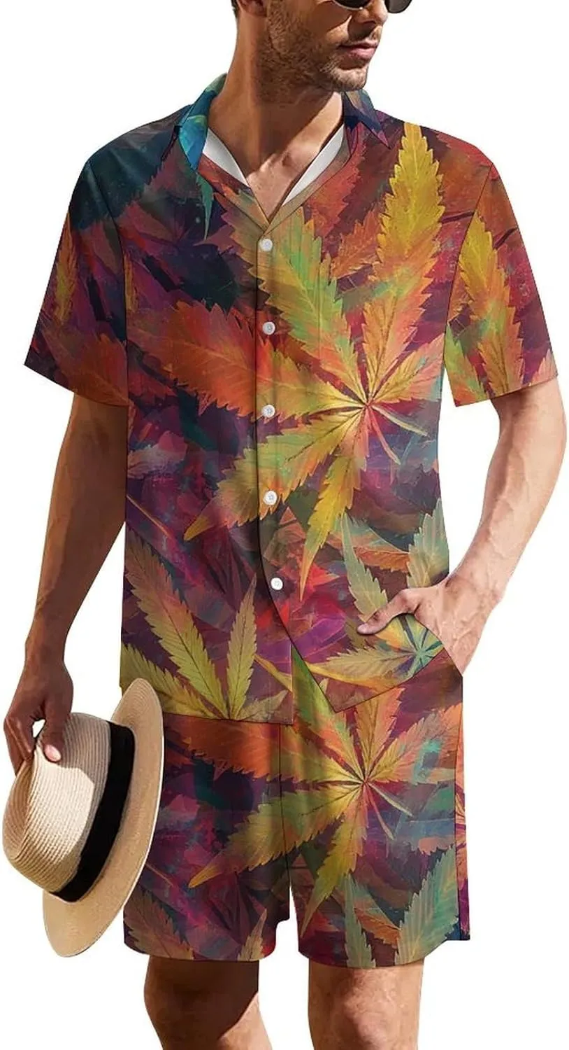 Cannabis Leaf PatternMen's Two-piece Casual Short-sleeved Shirt Summer Loose Vacation Suit