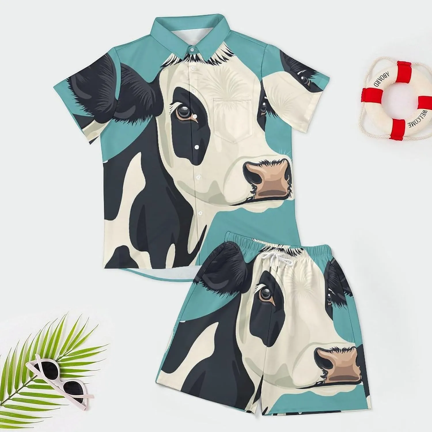 Cartoon Style of Cow HeadMen's Two-piece Casual Short-sleeved Shirt Summer Loose Vacation Suit