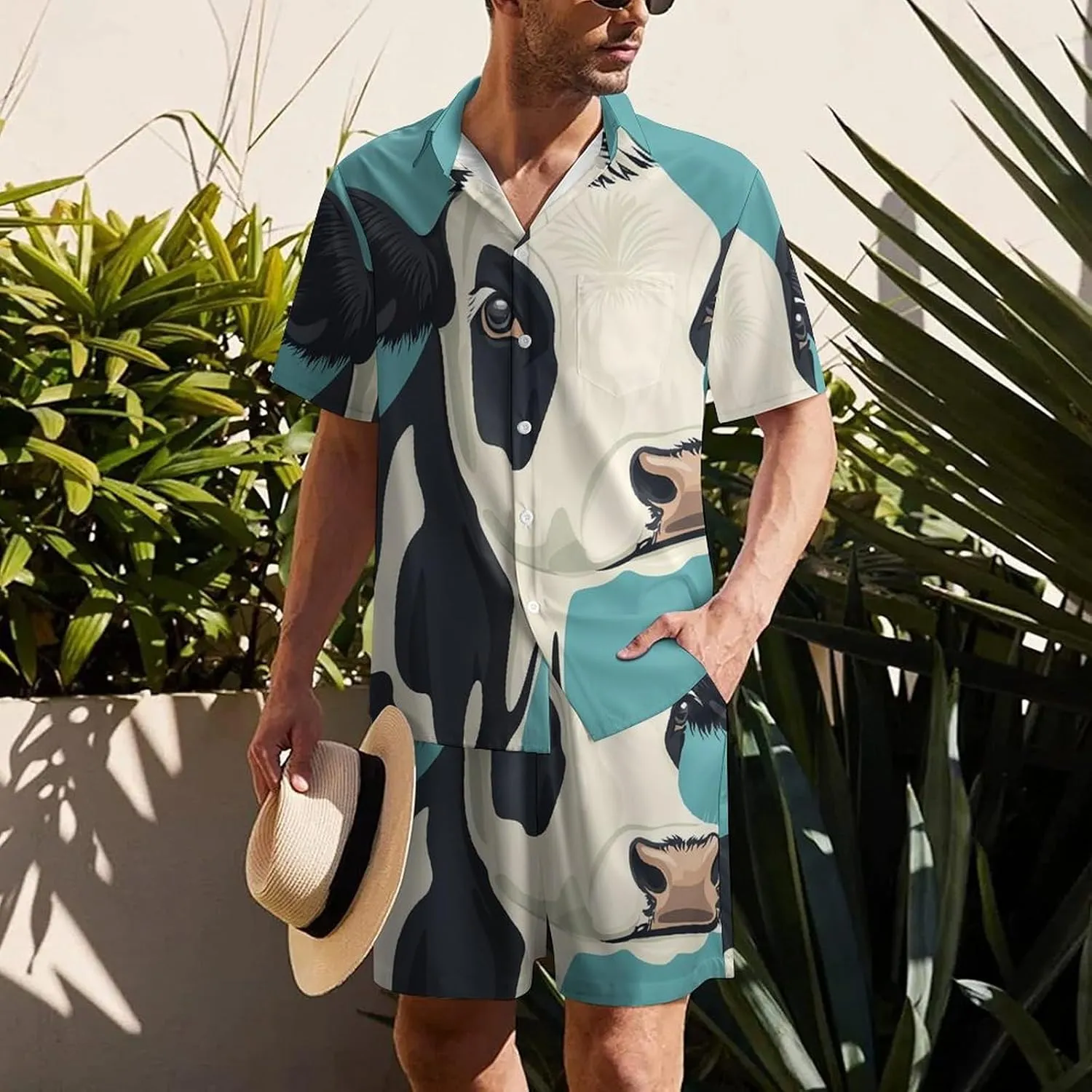 Cartoon Style of Cow HeadMen's Two-piece Casual Short-sleeved Shirt Summer Loose Vacation Suit