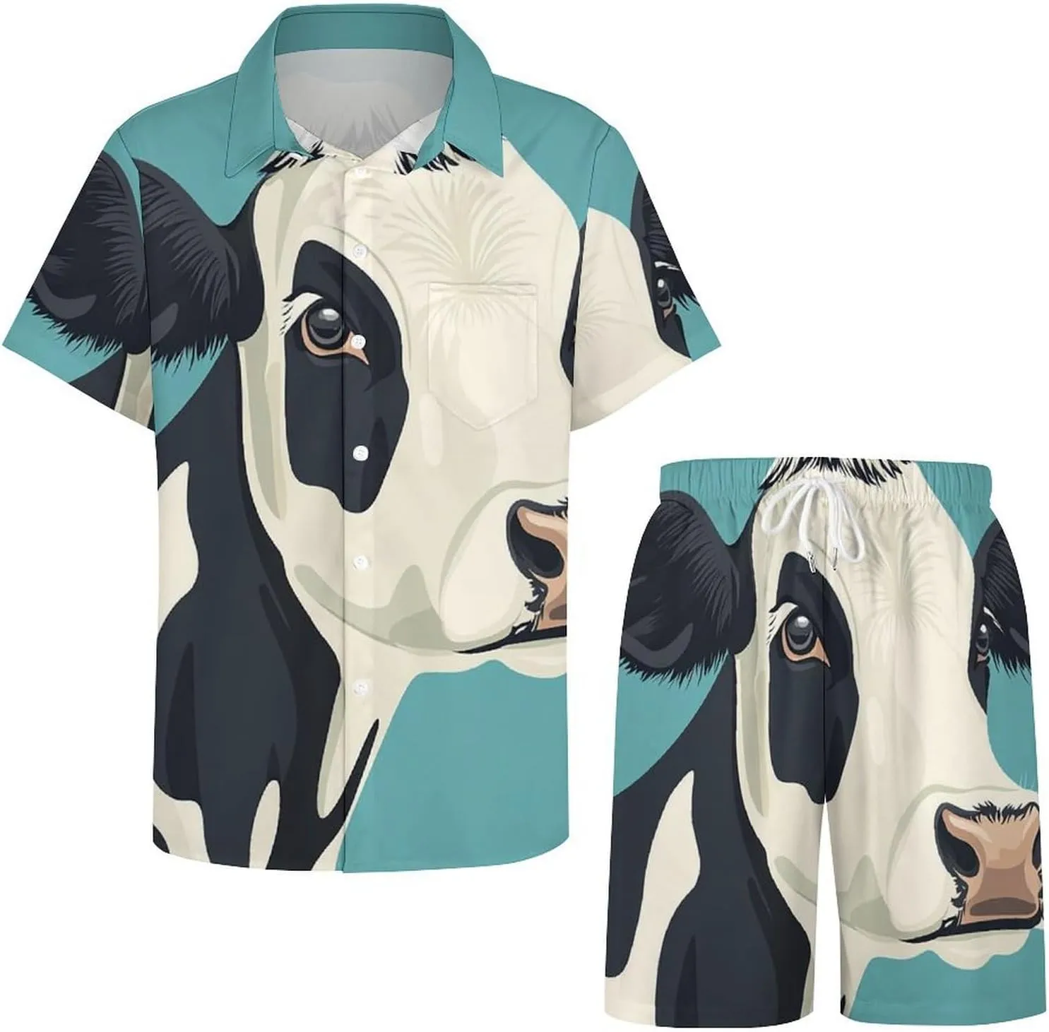 Cartoon Style of Cow HeadMen's Two-piece Casual Short-sleeved Shirt Summer Loose Vacation Suit