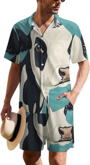 Cartoon Style of Cow HeadMen's Two-piece Casual Short-sleeved Shirt Summer Loose Vacation Suit