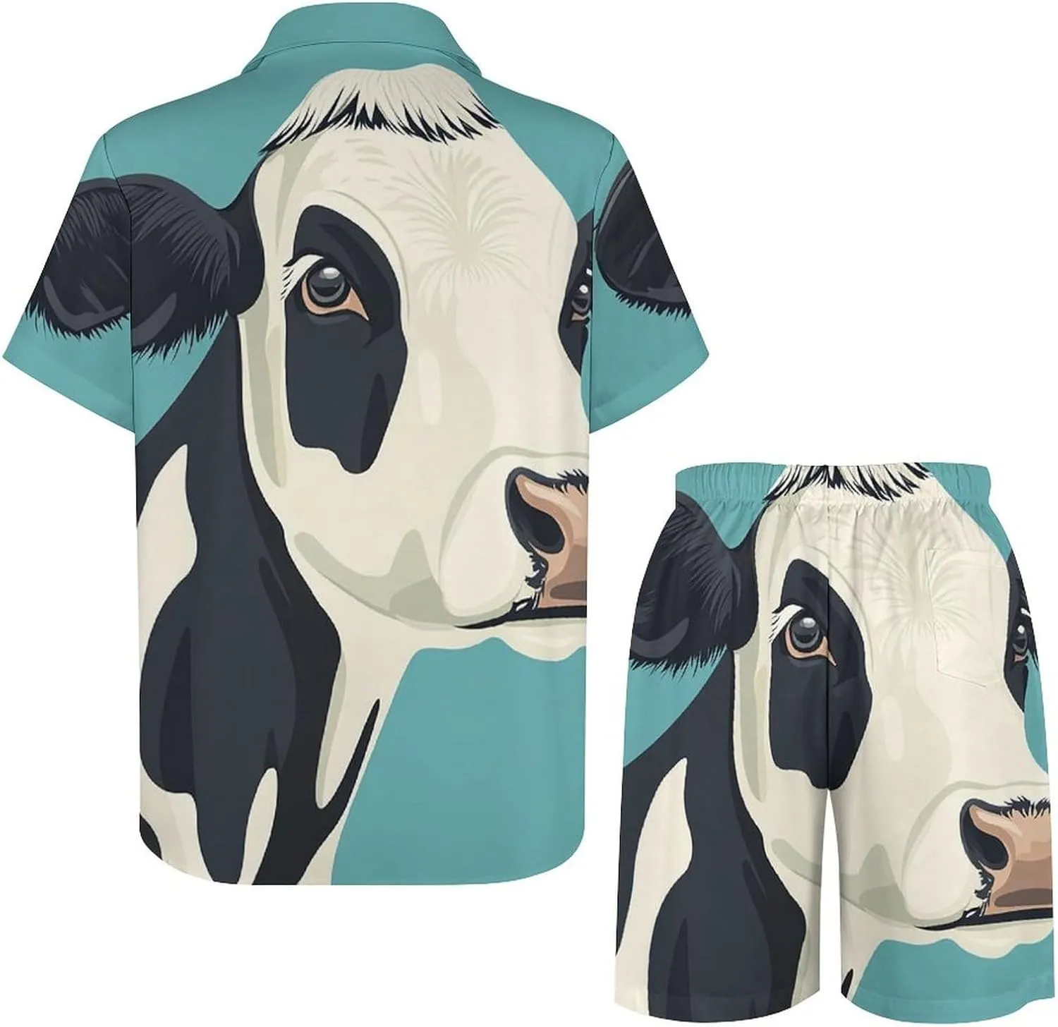 Cartoon Style of Cow HeadMen's Two-piece Casual Short-sleeved Shirt Summer Loose Vacation Suit