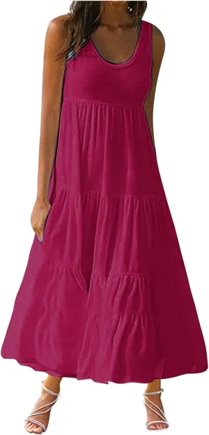 Ceboyel Tank Dresses for Women 2024 Smocked Sleeveless Maxi Dress Beach Vacation Sun Dress Trendy Causal Resort Sundresses