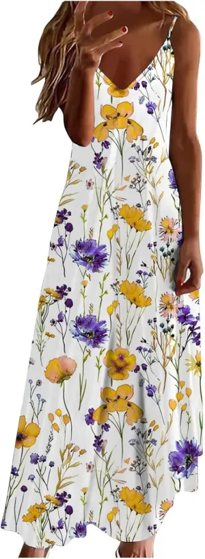 Ceboyel Women 2024 Spaghetti Strap Maxi Dress Trendy Summer Vacation Sundresses Boho Beach Sun Dresses Casual Resort Clothes
