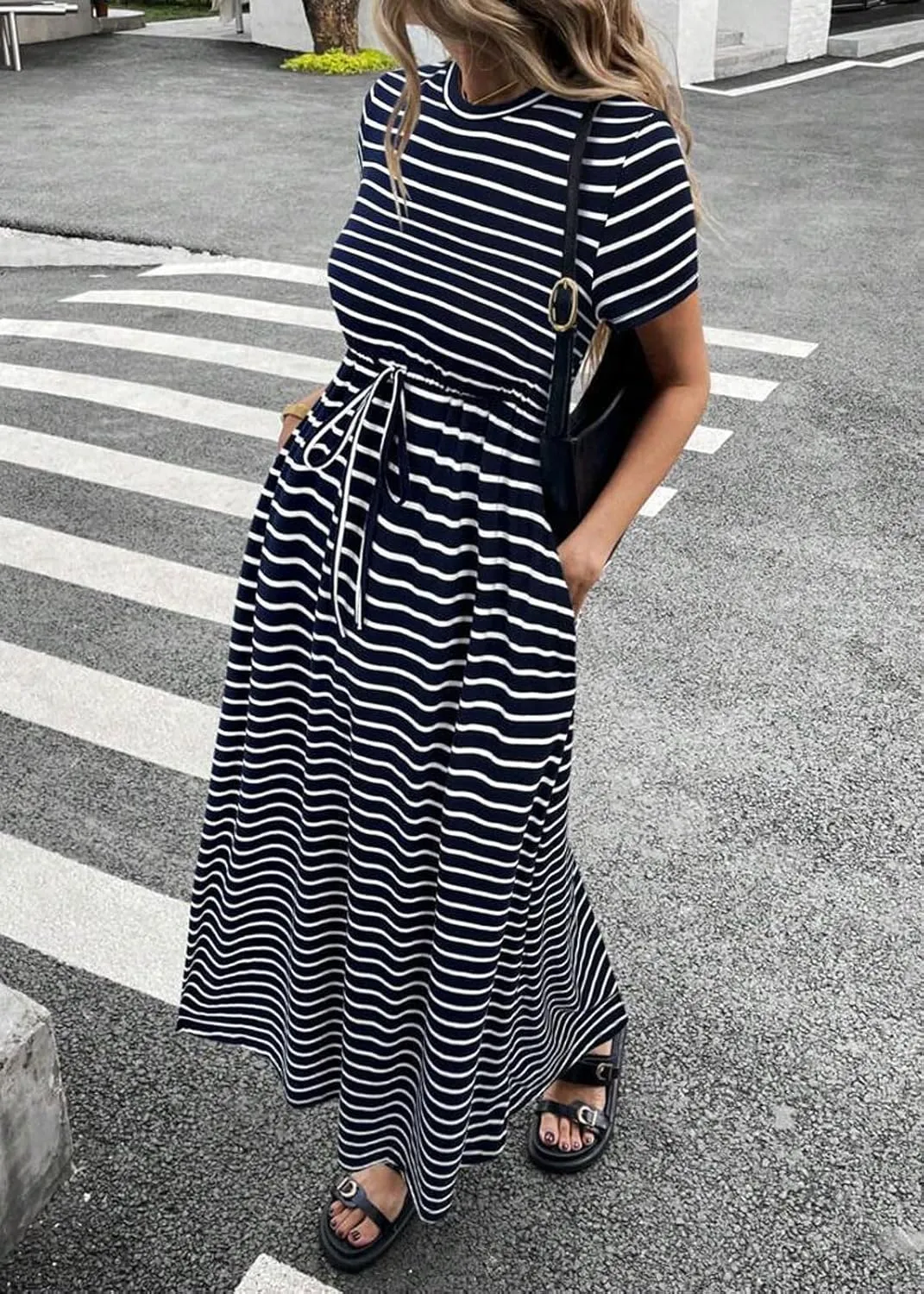 CHARTOU Women Oversized Stripes Tshirt Dress Long Drawstring Short Sleeve Maxi Long Dress with Pockets