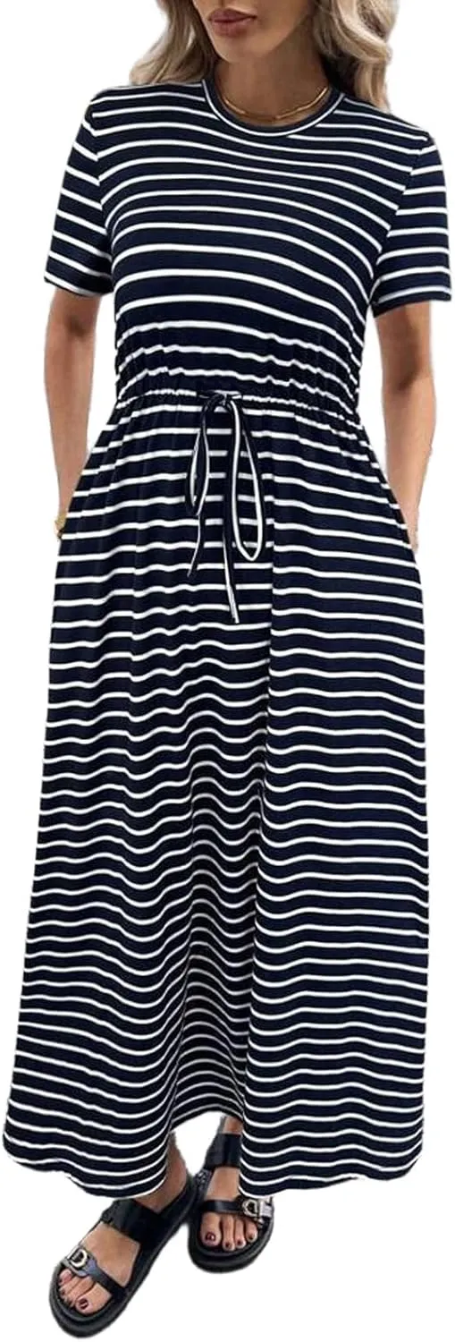 CHARTOU Women Oversized Stripes Tshirt Dress Long Drawstring Short Sleeve Maxi Long Dress with Pockets
