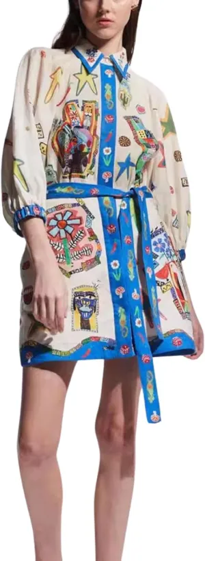 CHARTOU Women's Button Shirt Dress Floral Short Sleeve Lapel Collar Tie Knot Linen A Line Dress with Pockets