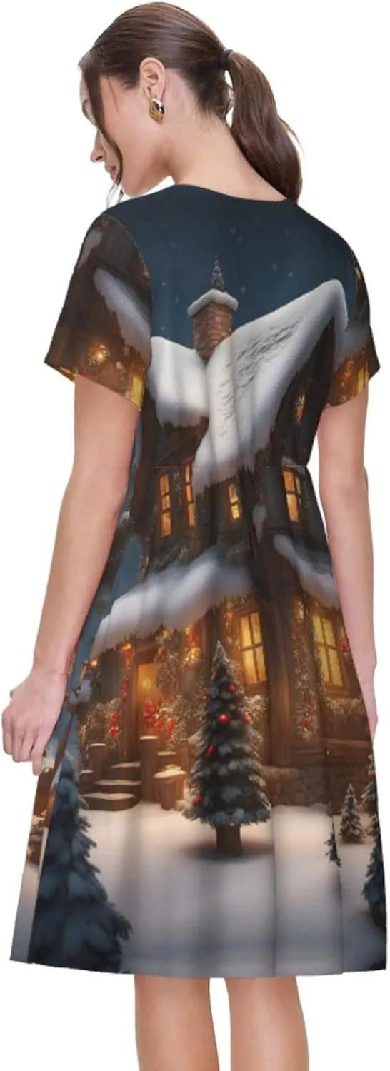 Christmas Village House Print Summer Dresses for Women,Casual Maxi Dress,for Easter and Beach Vacation