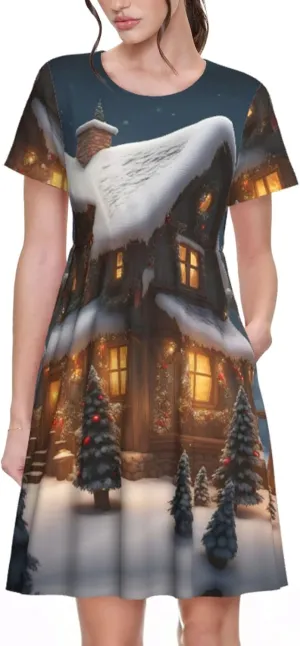 Christmas Village House Print Summer Dresses for Women,Casual Maxi Dress,for Easter and Beach Vacation