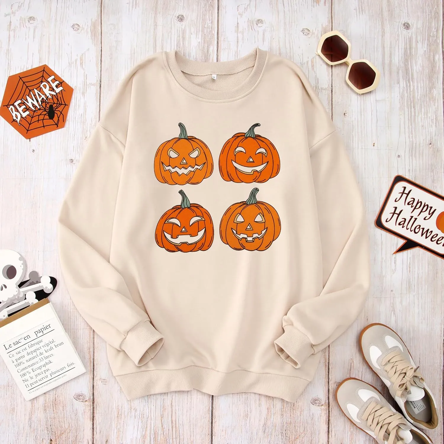 CM C&M WODRO Halloween Women Pumpkin Sweatshirt Funny Pumpkin Face Graphic Pullover Crewneck Long Sleeve Fall Shirts Top