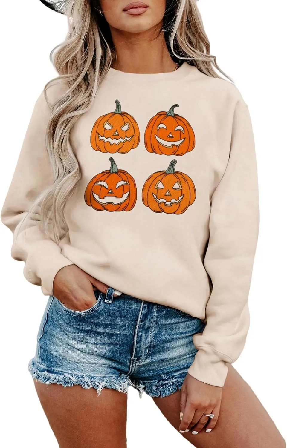 CM C&M WODRO Halloween Women Pumpkin Sweatshirt Funny Pumpkin Face Graphic Pullover Crewneck Long Sleeve Fall Shirts Top