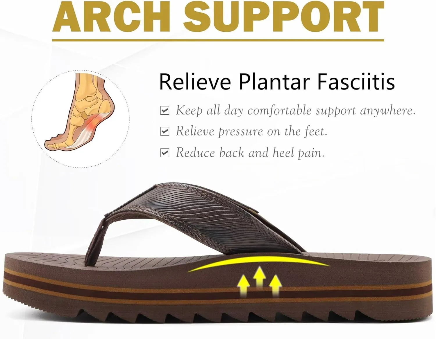 COFACE Mens Arch Support Flip Flops Yoga Mat Comfortable Thick Cushion Recovery Walking Thong Sandals Lightweight Slip On Summer Beach Slippers
