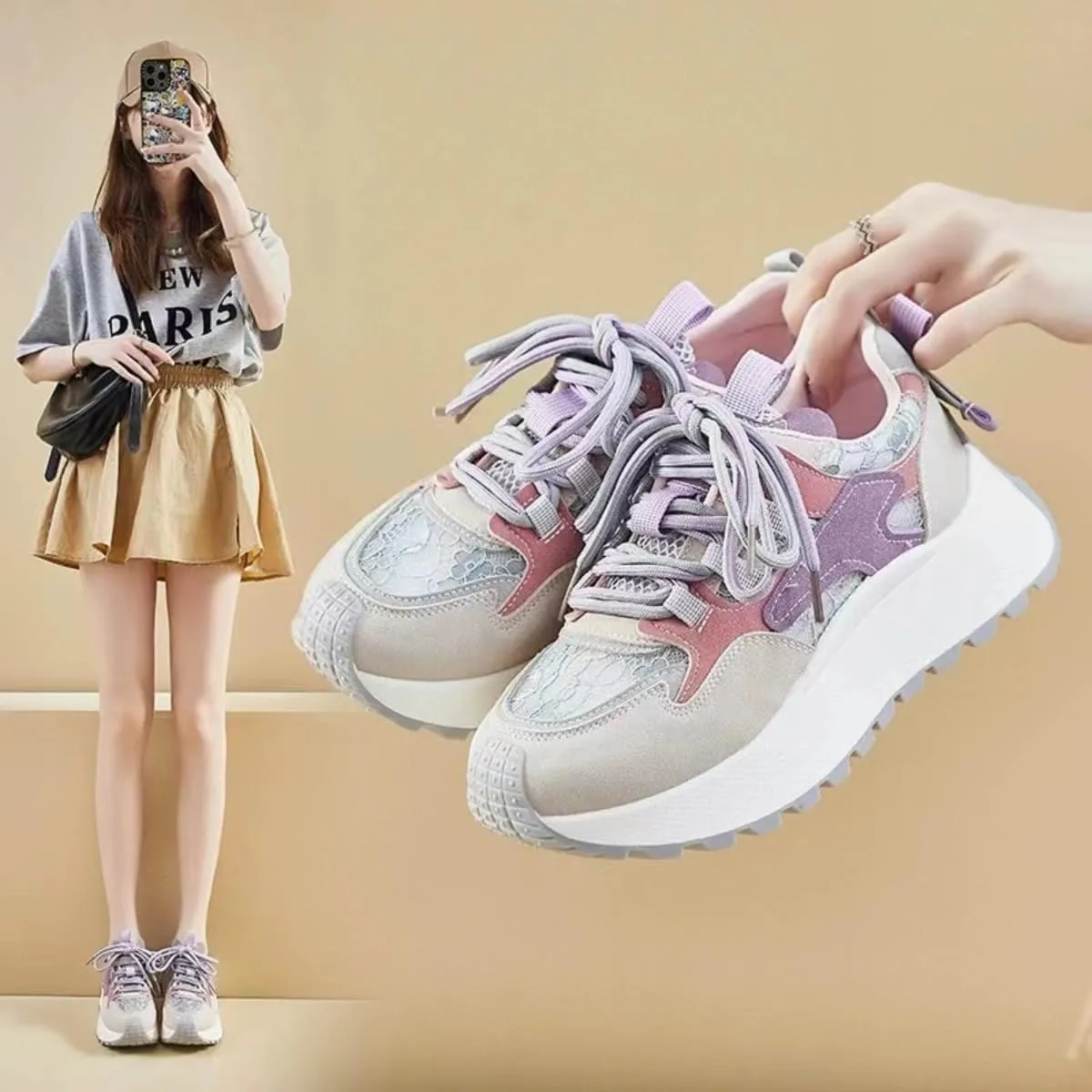 Color-Blocked Chunky Sneakers for Women & Girls Trendy Platform 4.5cm Walking Shoes for Travel & Gifts